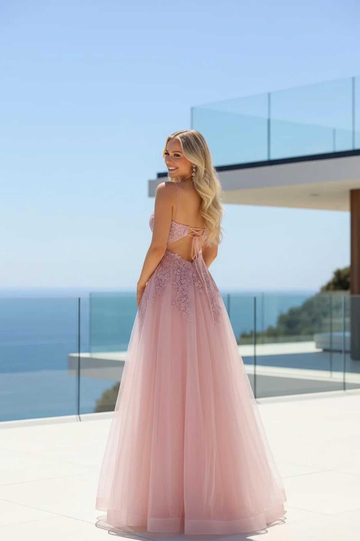 Iridescent Lace Applique Ballgown with V-Neck and Lace-Up Back - back view