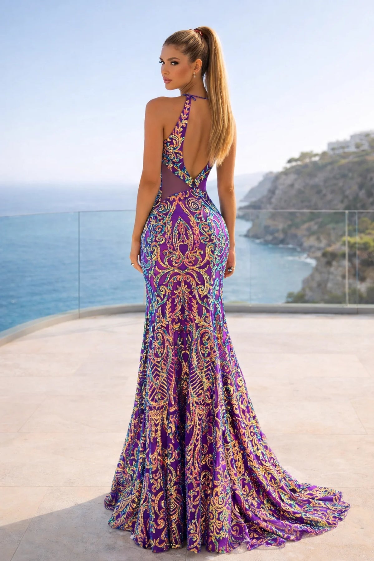 Plunging V-Neck Iridescent Sequin Fitted Prom Gown with High Slit - back view