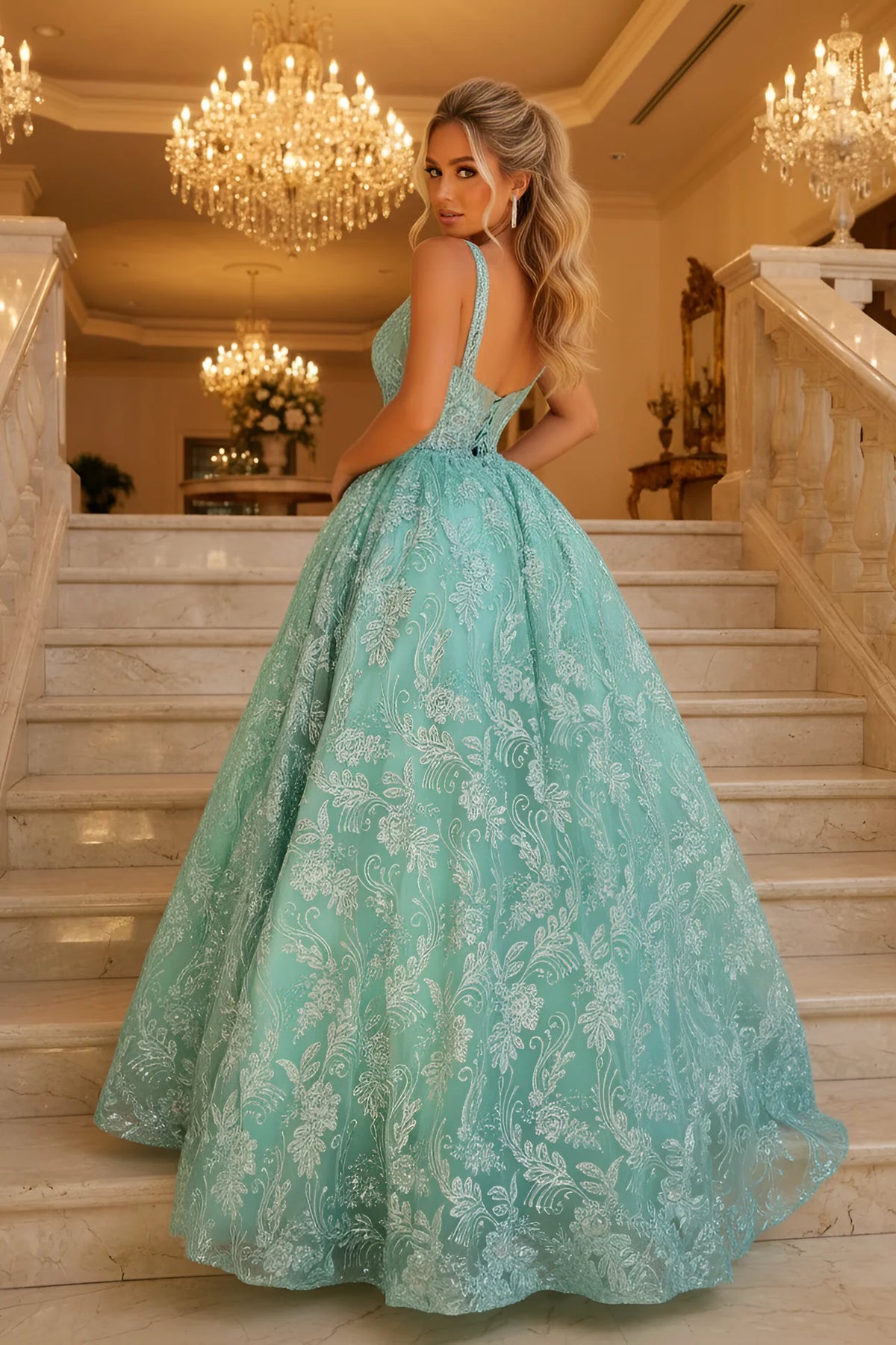 Embroidered Lace Ball Gown with Square Neckline and Full Skirt - front view