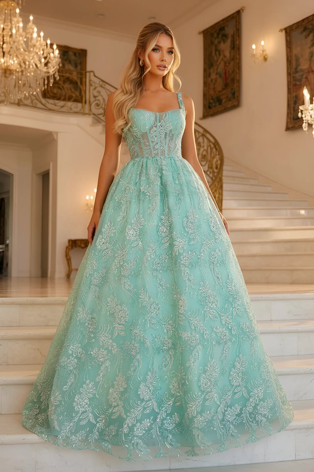 Embroidered Lace Ball Gown with Square Neckline and Full Skirt - back view
