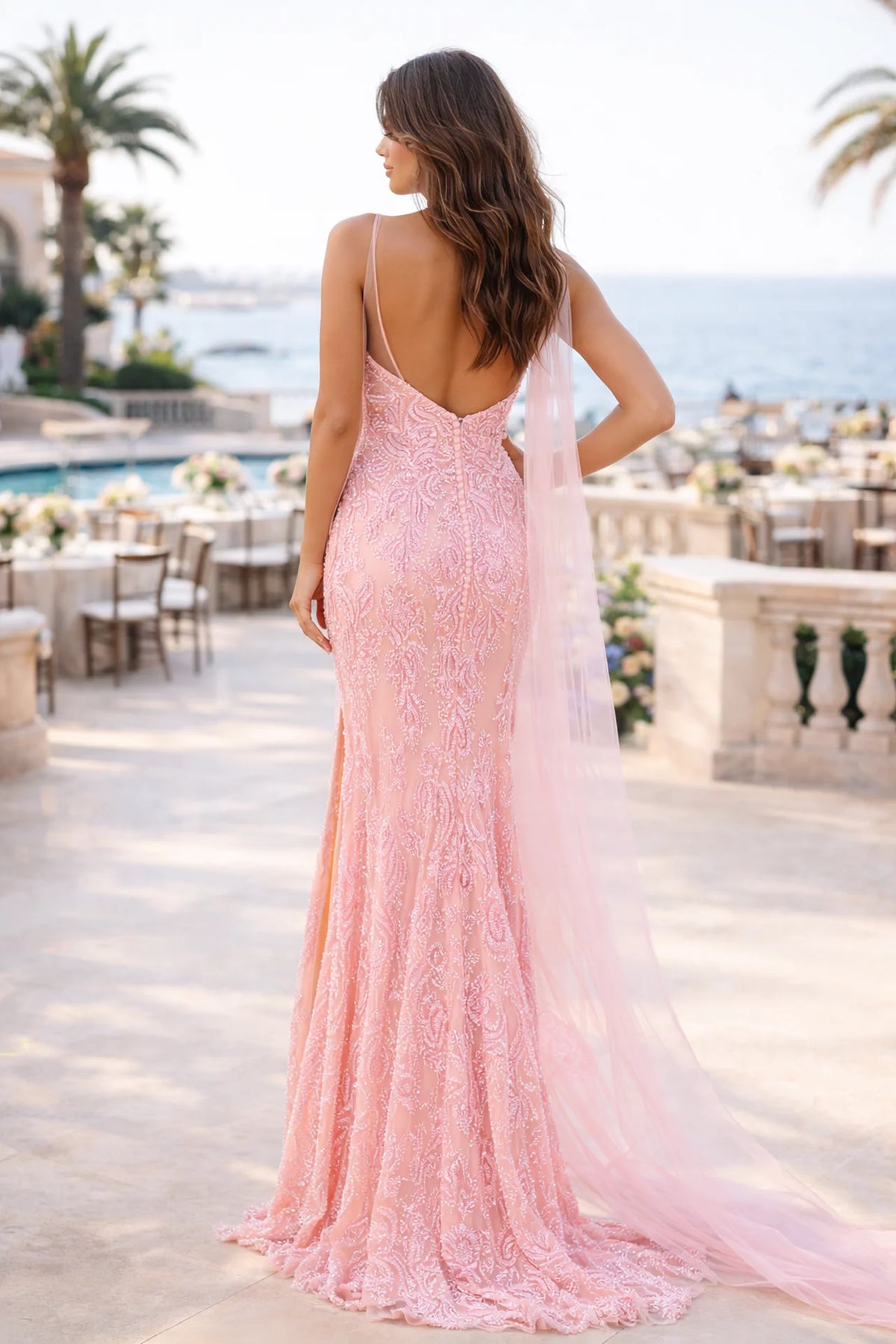 Pastel One-Shoulder Beaded Prom Dress with Detachable Cape & High Slit - back view
