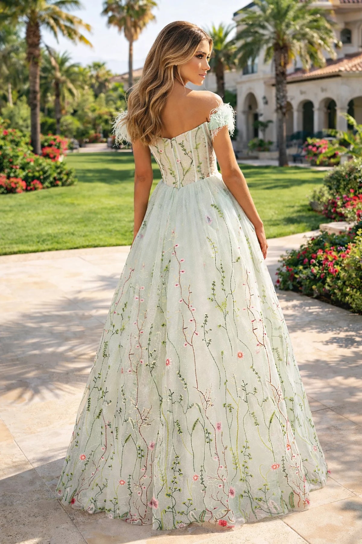 Floral Embroidery A-Line Prom Dress with Off-Shoulder Feather Sleeves and Pockets - back view