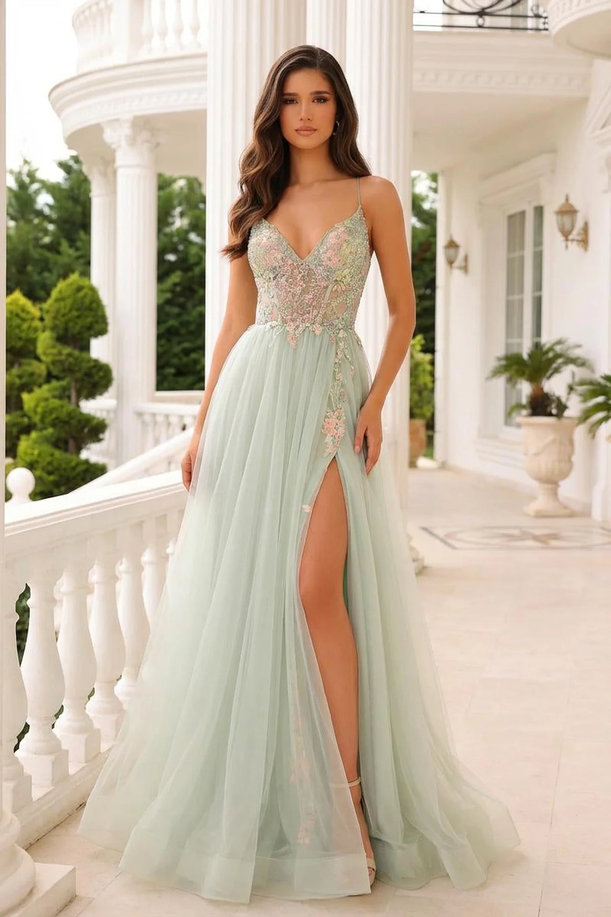 Sage Green Embroidered Tulle Prom Dress with Plunging V-Neck and Slit - back view