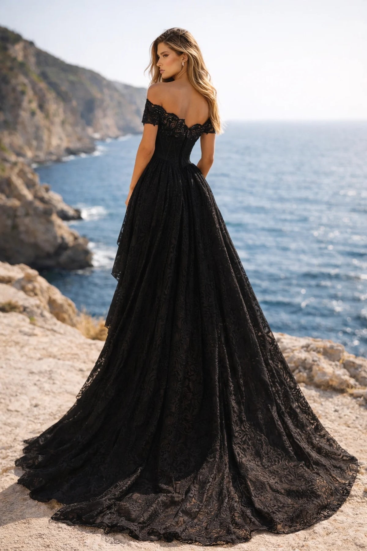 Black lace off-shoulder prom dress with corset bodice and high-low ruffle skirt