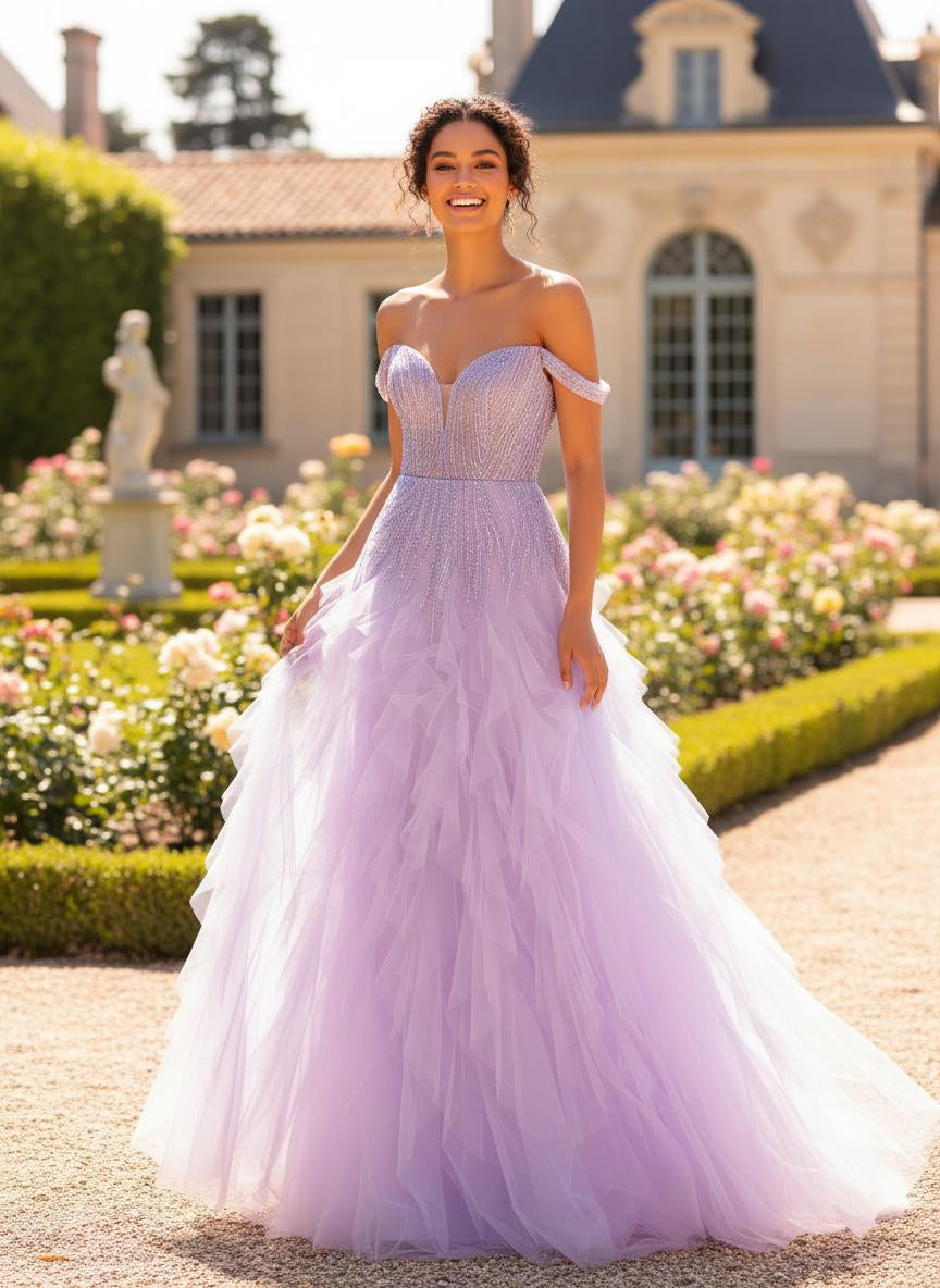 Lilac Glitter Beaded Prom Dress with Ruffles and Detachable Off-Should – PromGirlOutlet