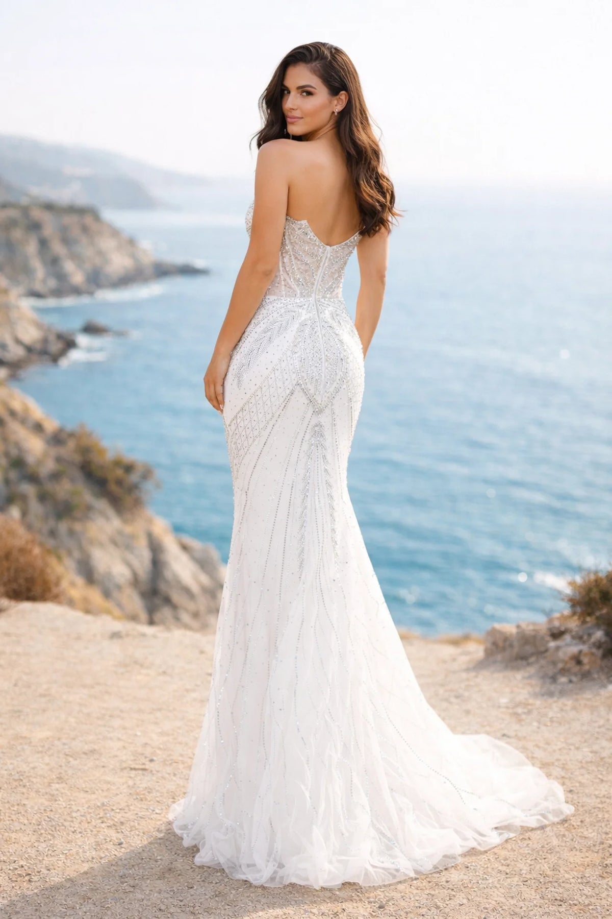 Strapless Beaded Mermaid Prom Dress with Corset Bodice & Sheer Details - back view
