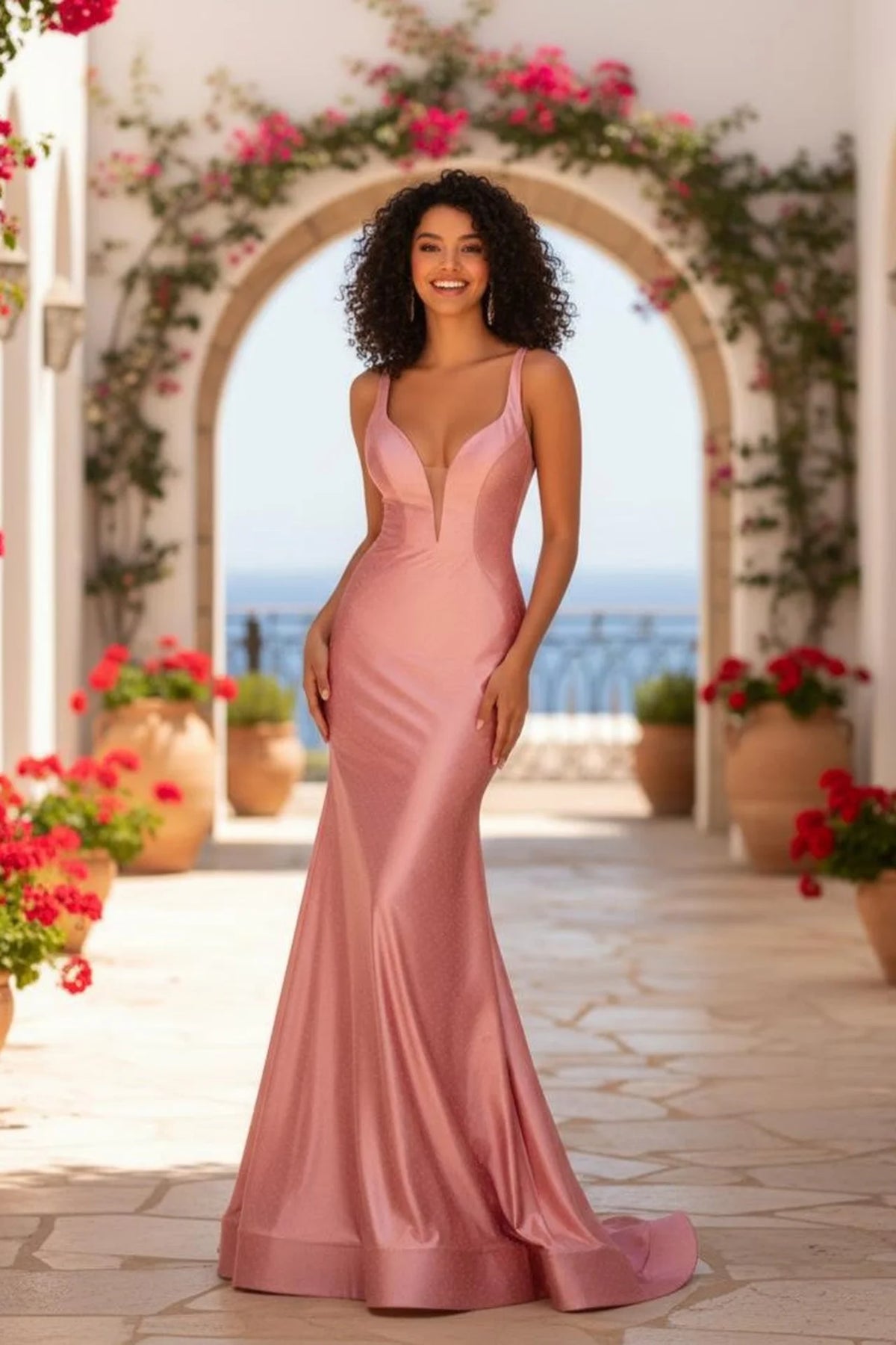 Dusty Pink Fitted Jersey Prom Dress with Deep V-Neck and Sheer Side Panels - back view