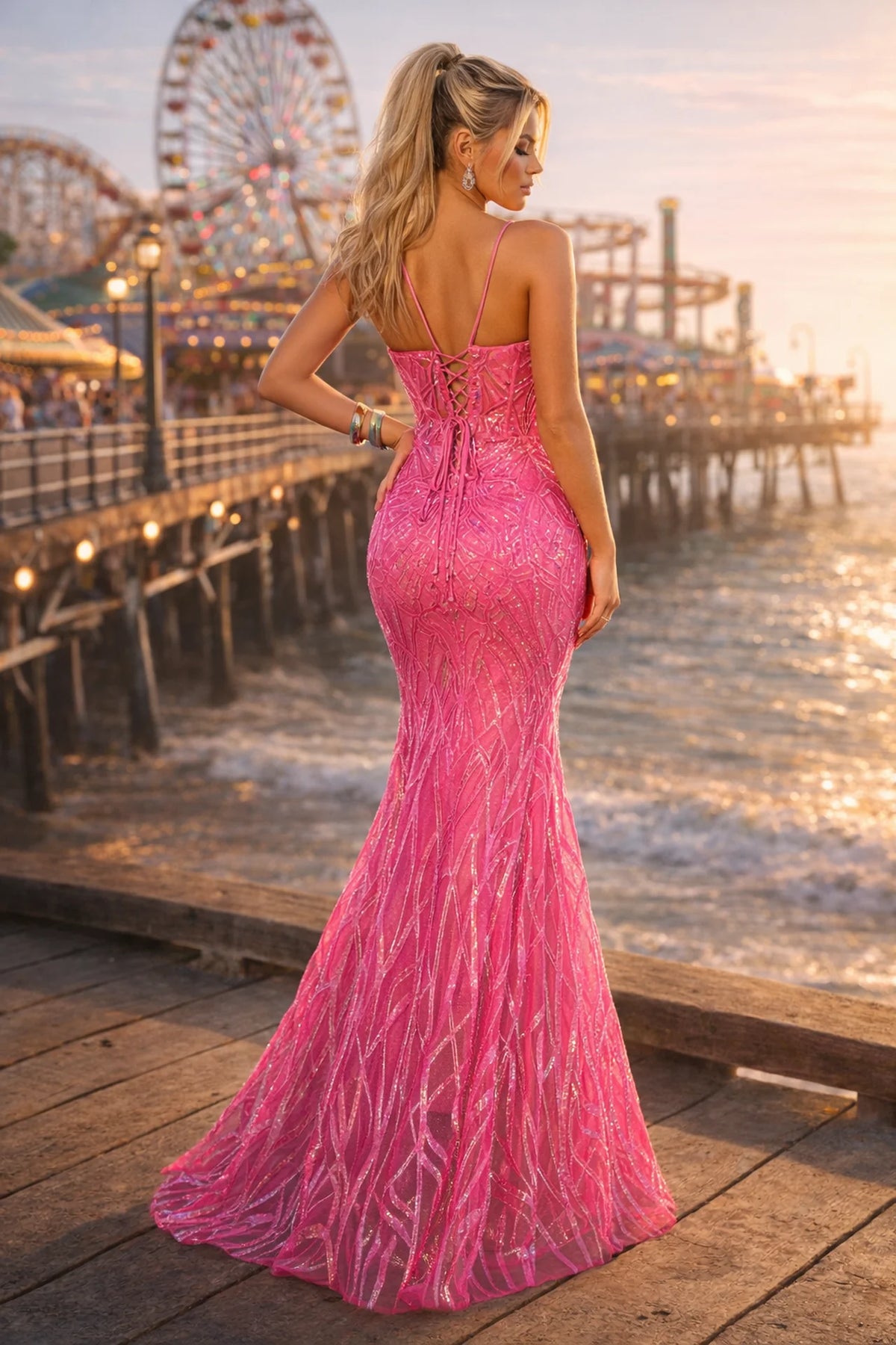 Glitter Sequin Fit & Flare Corset Prom Dress - back view