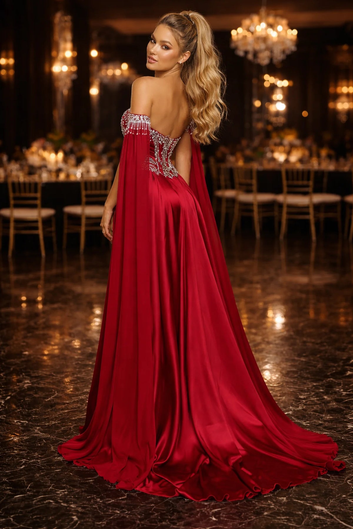 Beaded Satin Formal Dress with Cape Sleeves & Slit - back view