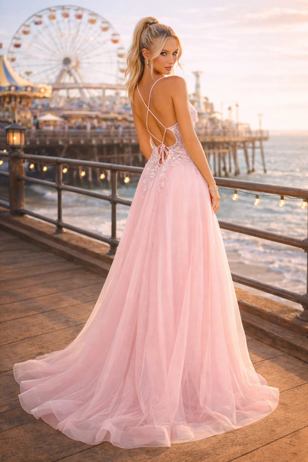 Glitter Tulle Beaded Lace Ballgown - back view