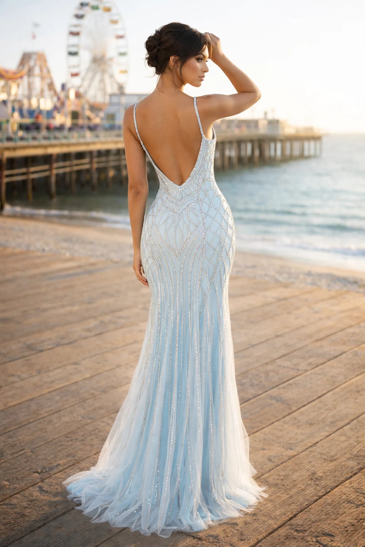 Light Blue Beaded Fit and Flare Formal Gown - back view