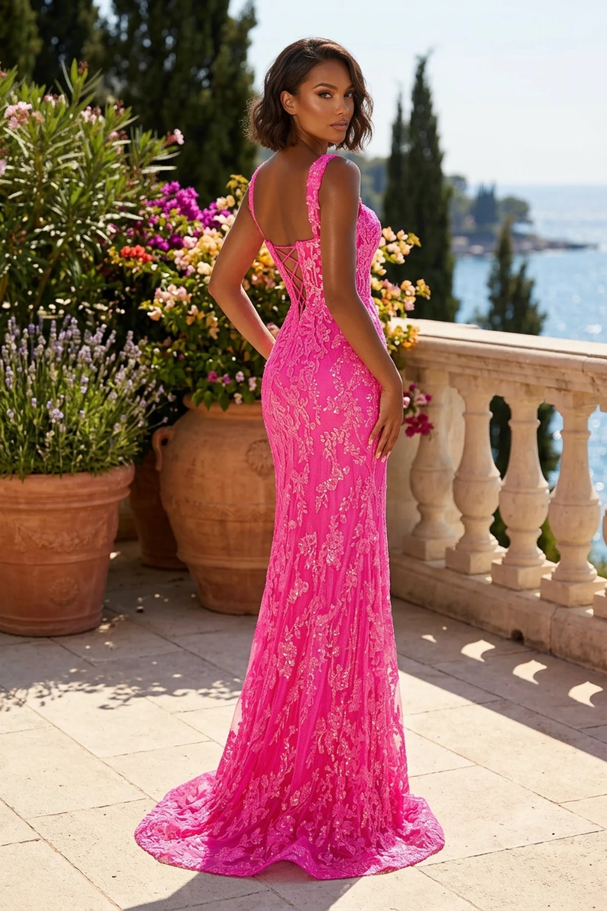 Pink Sequin Corset Prom Dress with Detachable Straps and High Slit - back view
