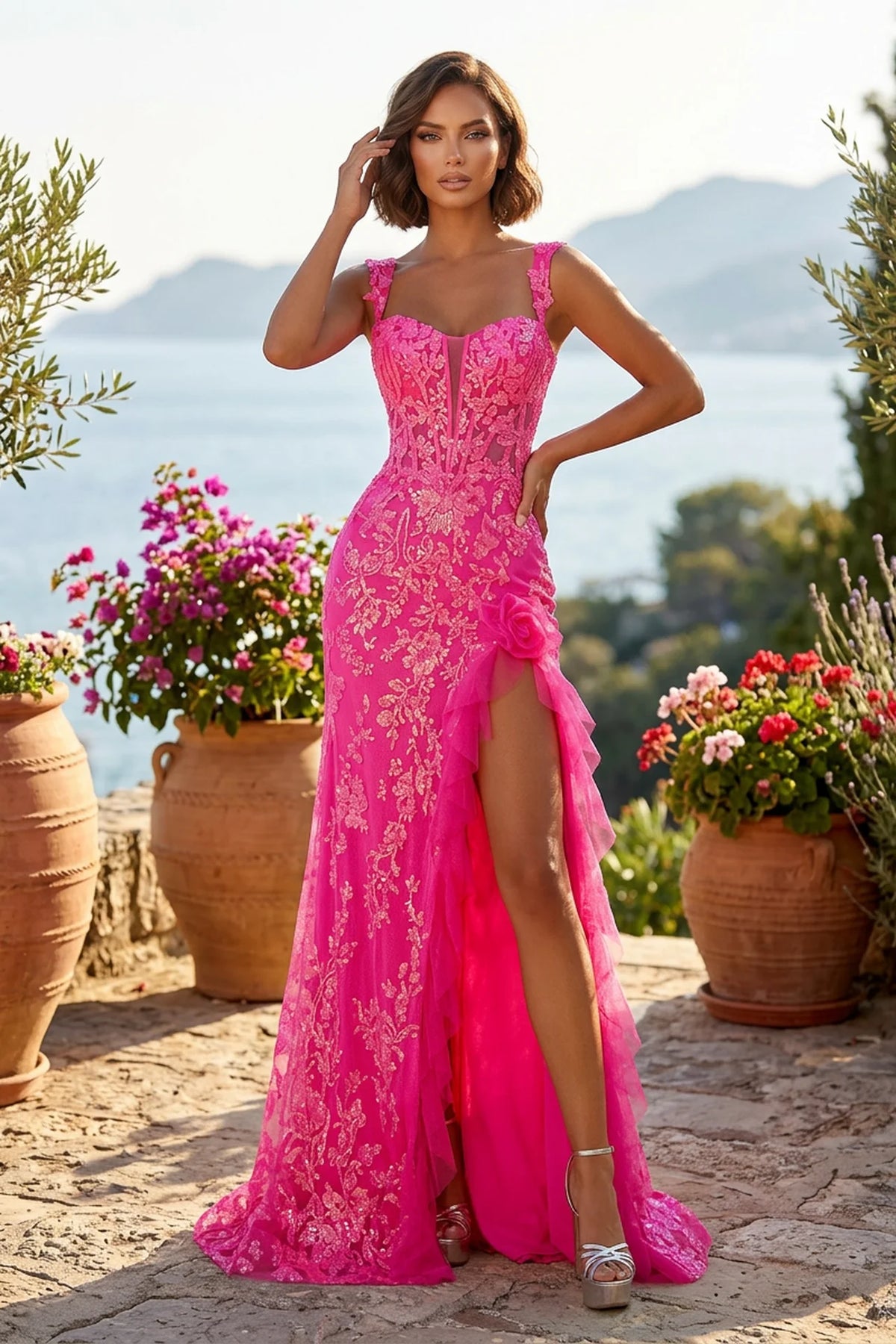 Pink Sequin Corset Prom Dress with Detachable Straps and High Slit - front view