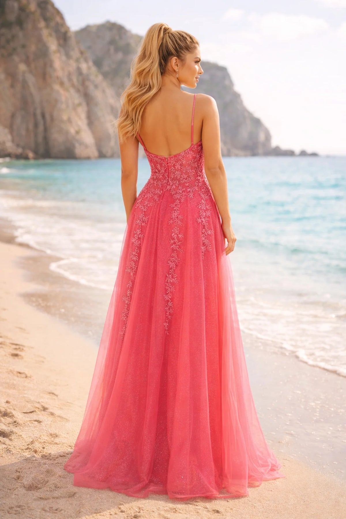 Glitter Tulle A-Line Formal Dress with Lace and Side Slit - back view