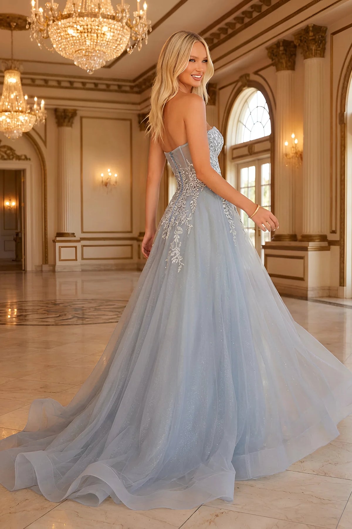 Strapless Lace Corset Prom Dress with Slit - back view