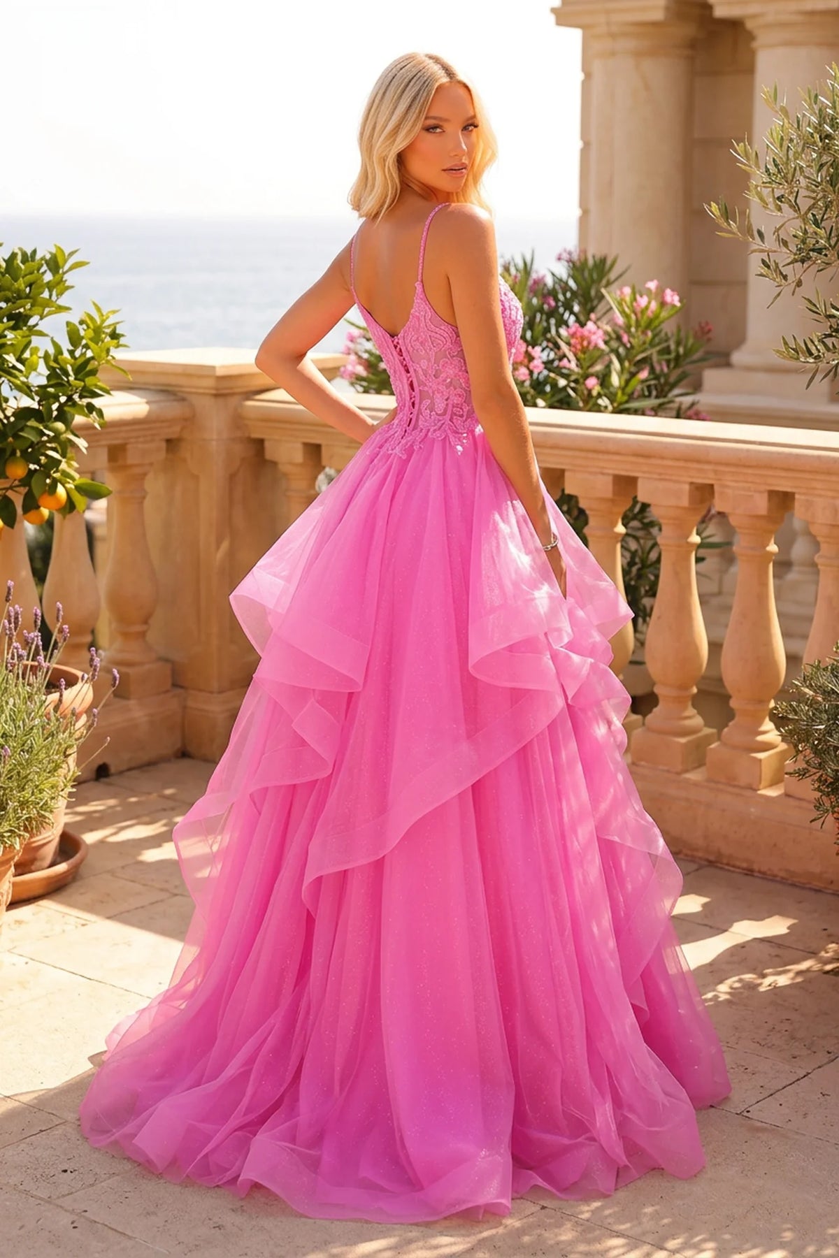 Pink Ruffle Plus Size Ball Gown Prom Dress with Lace Bodice & Glitter Tulle - back view
