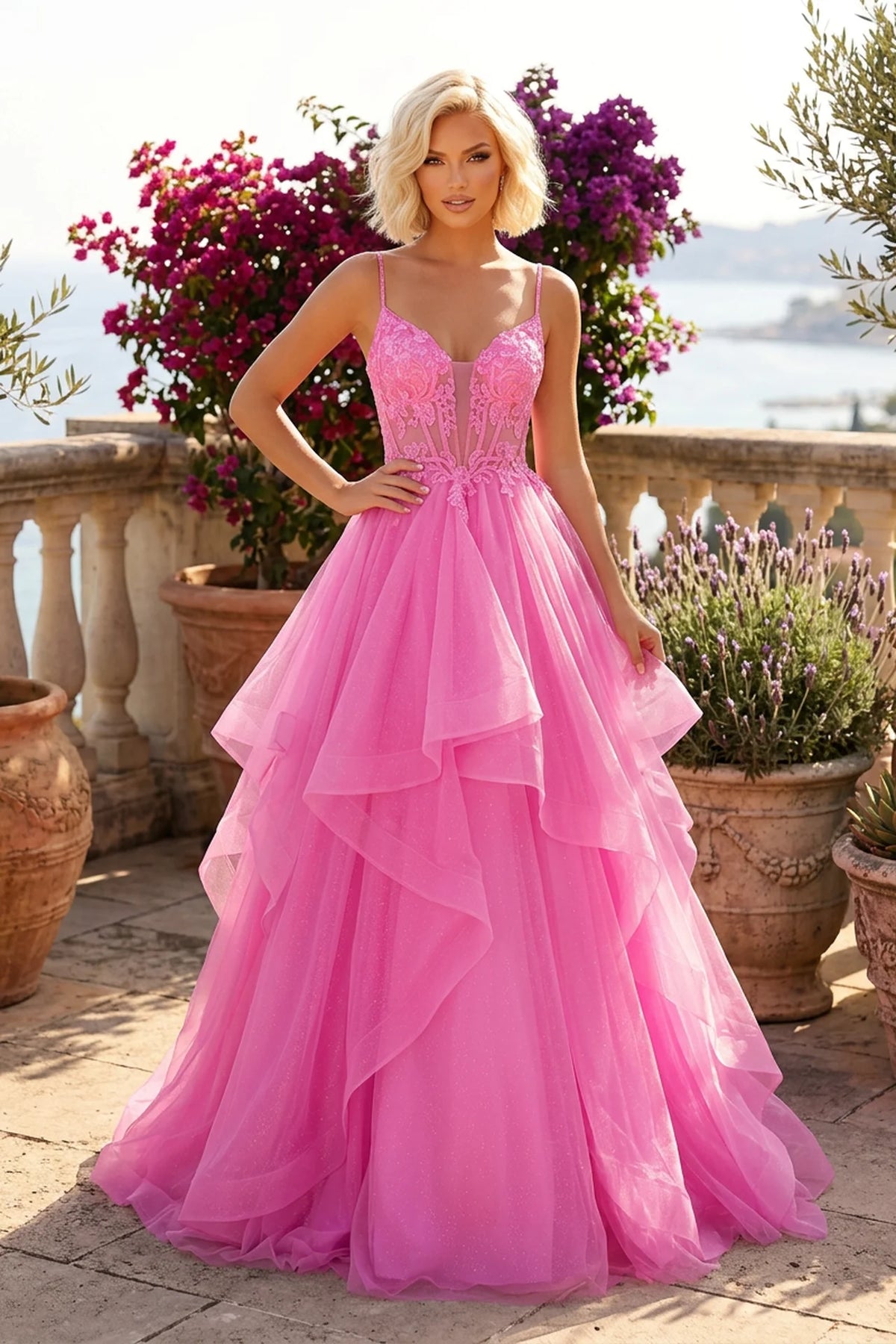 Pink Ruffle Plus Size Ball Gown Prom Dress with Lace Bodice & Glitter Tulle - front view