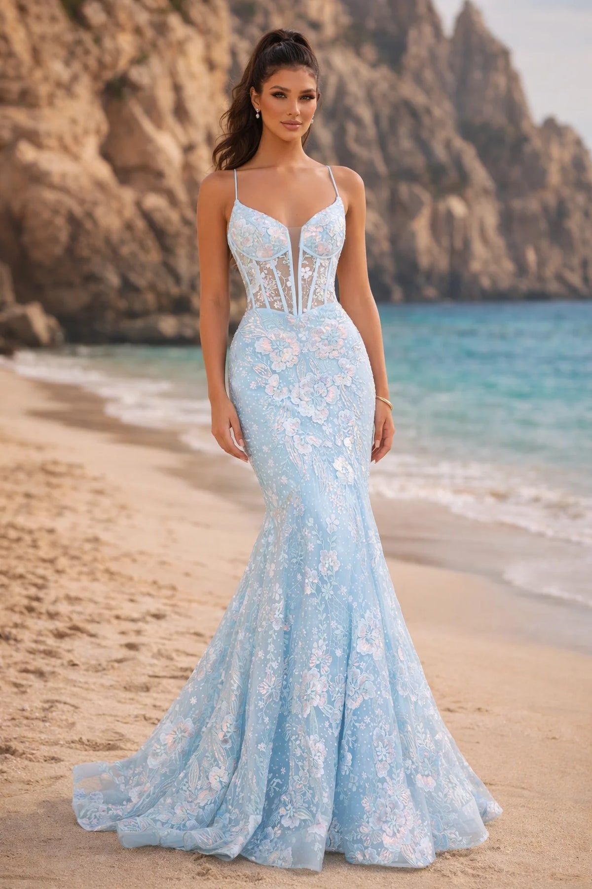 Light Blue Floral Lace Mermaid Prom Dress with Corset Bodice - front view