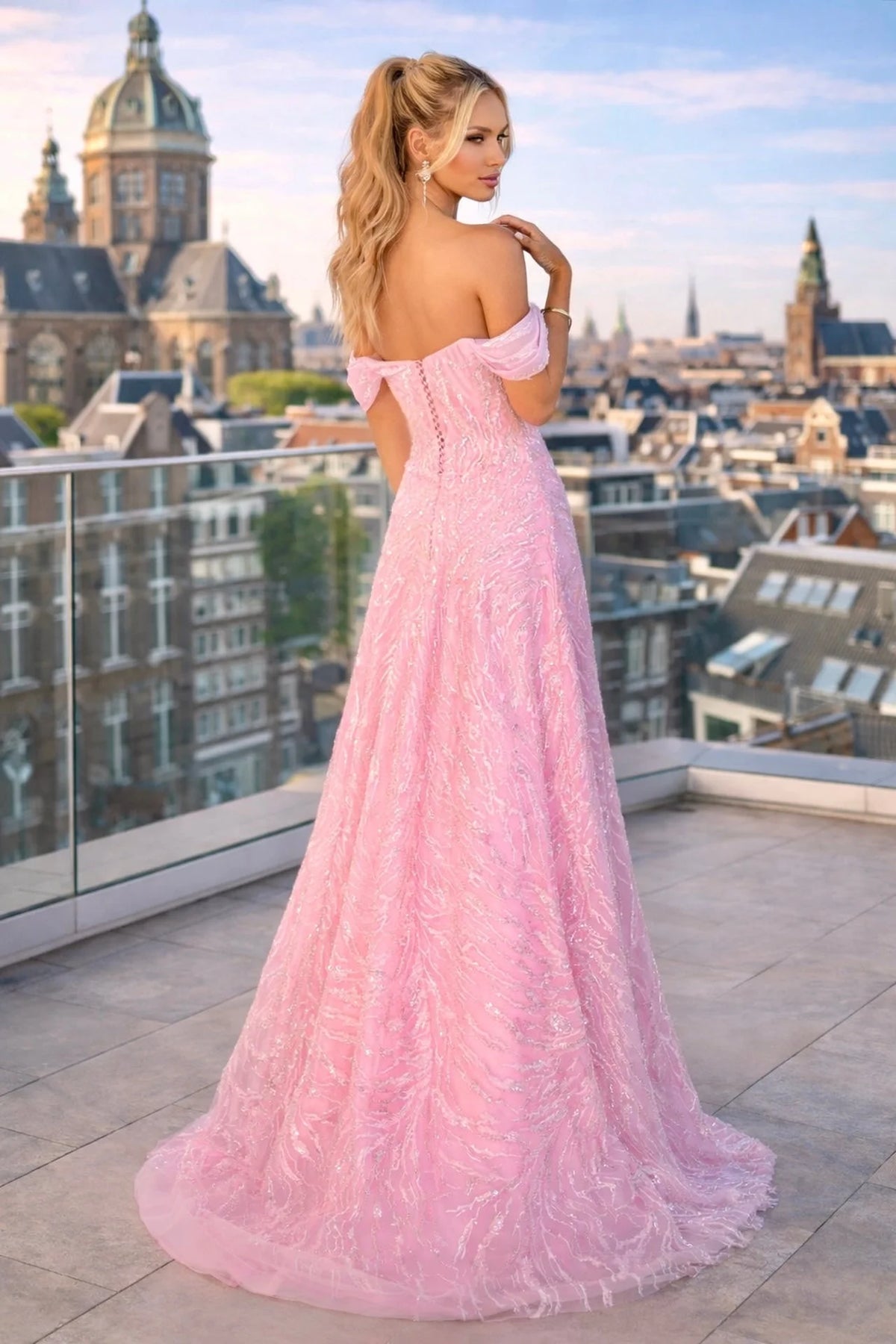 Pink Glitter A-Line Formal Dress with Detachable Off-Shoulder Straps - back view