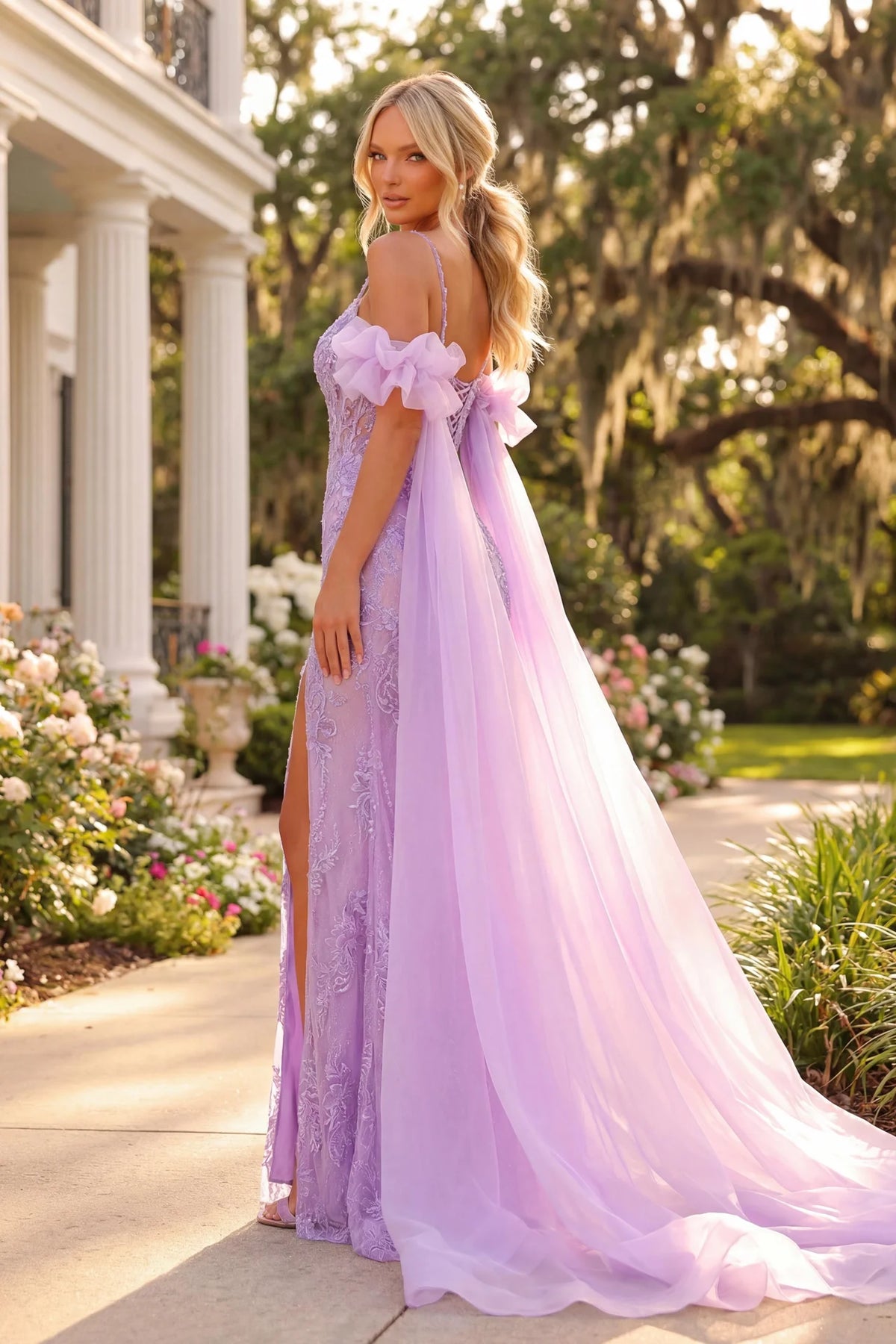 Embroidered Lace Fitted Evening Gown with Spaghetti Straps and High Slit - front view