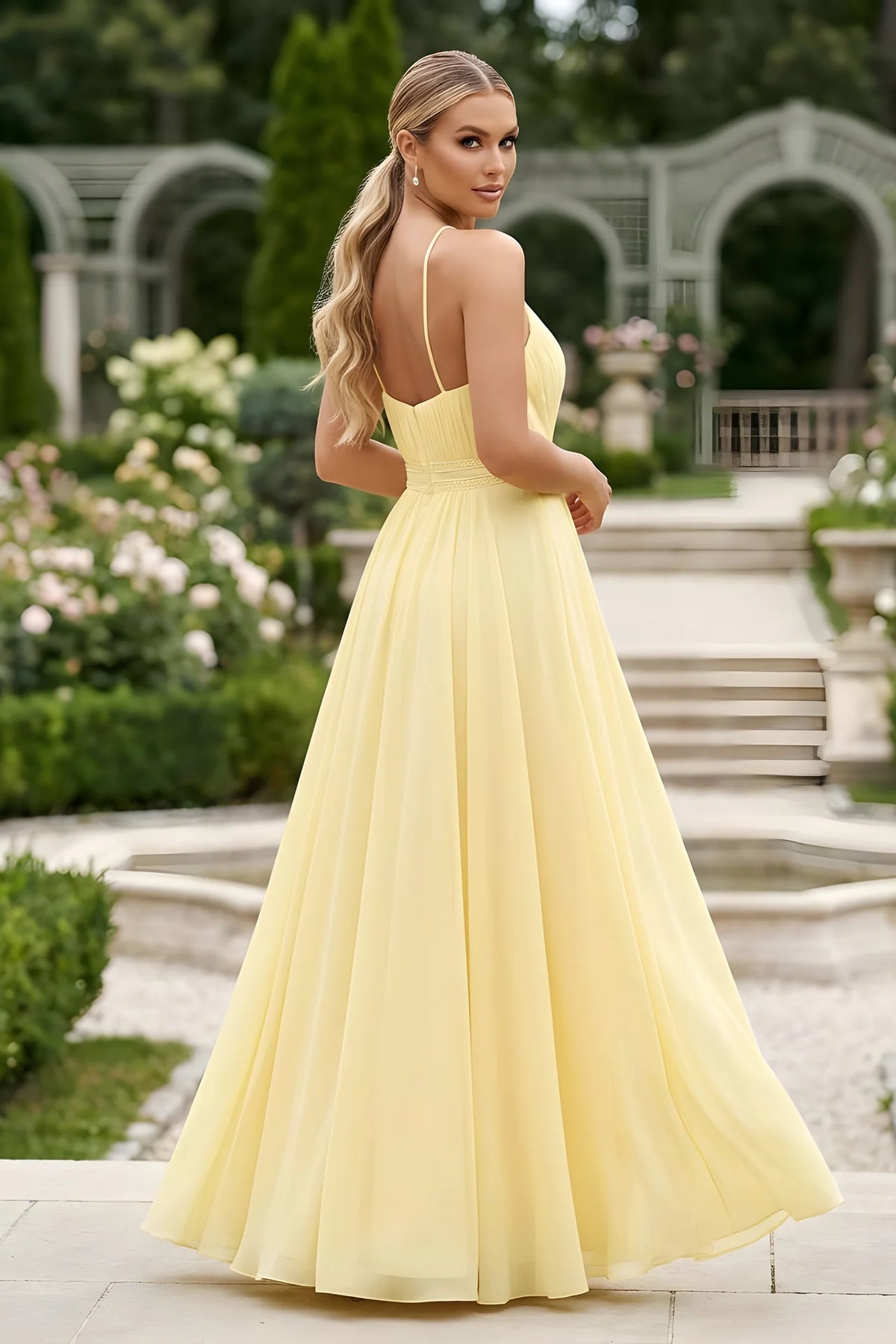 Halter neck chiffon evening gown with pleated bodice and lace trim belt in flowing A-line skirt