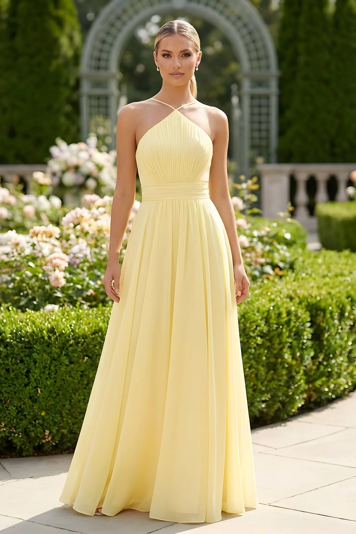 Halter neck chiffon evening gown with pleated bodice and lace trim belt