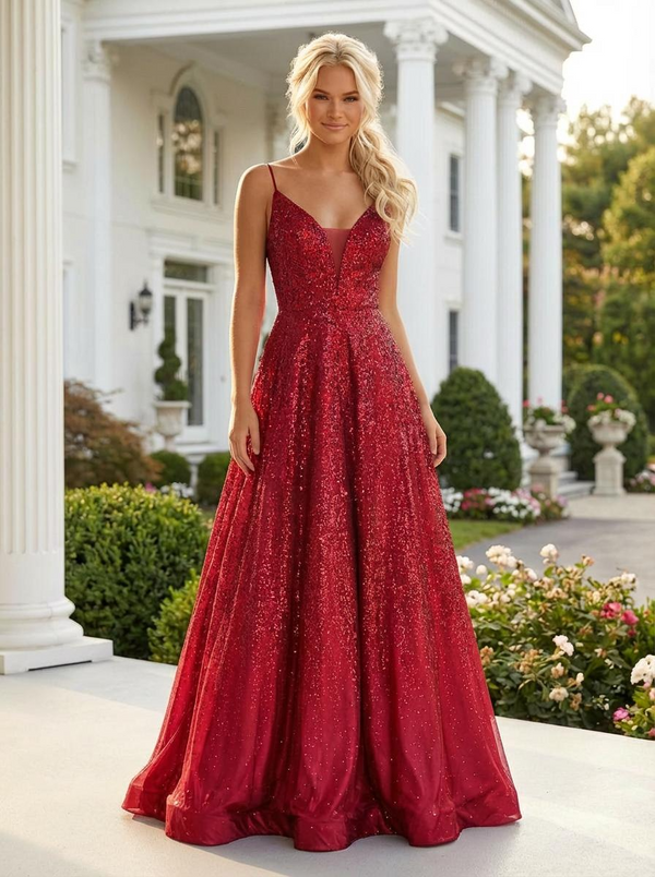 Red Glitter Sequin A-Line Prom Dress with Pockets