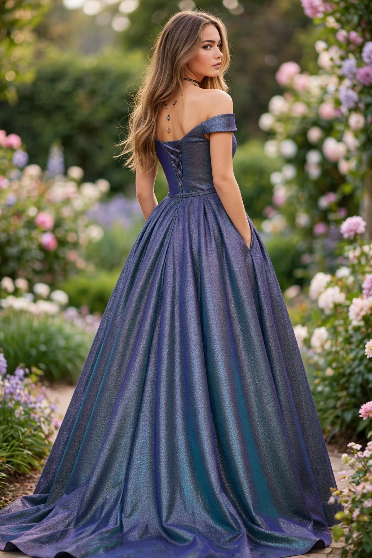 Turquoise/Royal iridescent metallic off-shoulder ball gown, back view | PromGirlOutlet