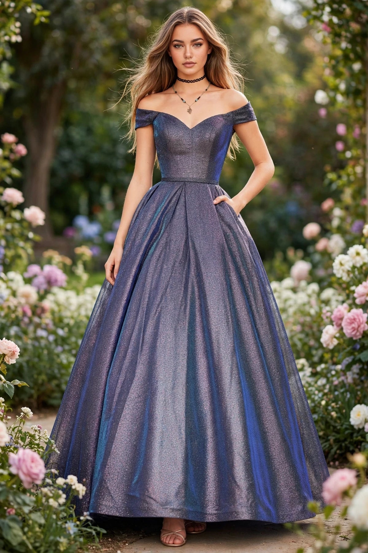 Turquoise/Royal iridescent metallic off-shoulder ball gown, front view | PromGirlOutlet