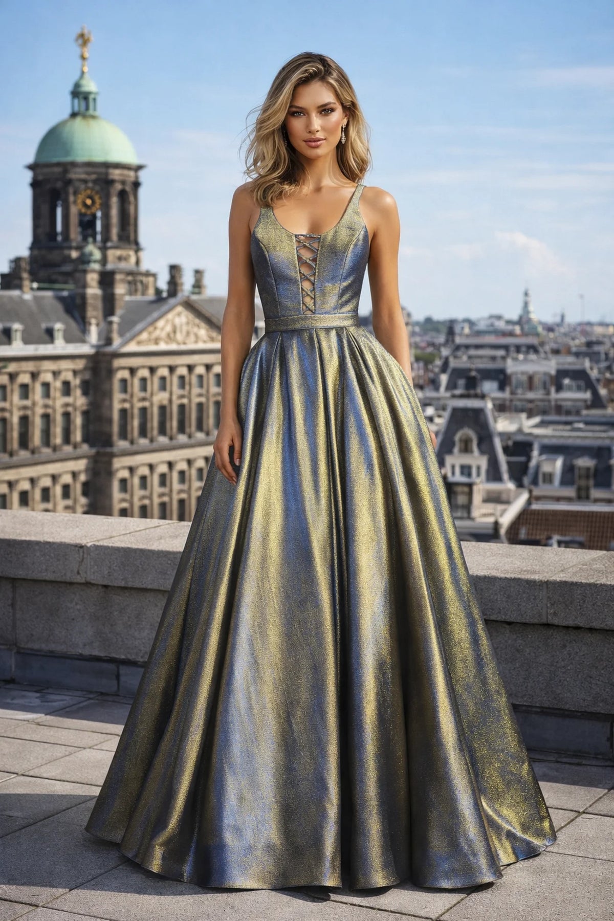 Metallic Multicolor Lace-Up Back Ball Gown Prom Dress - front view