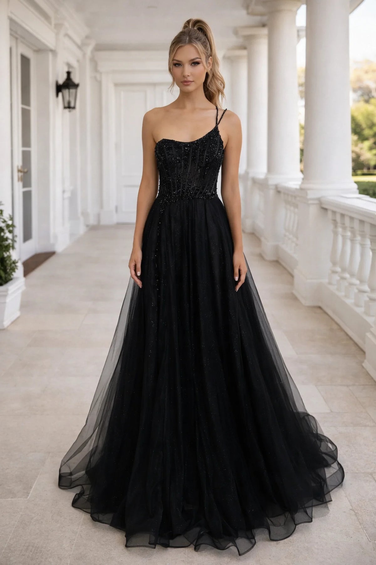 Black One-Shoulder A-Line Tulle Formal Prom Dress - front view
