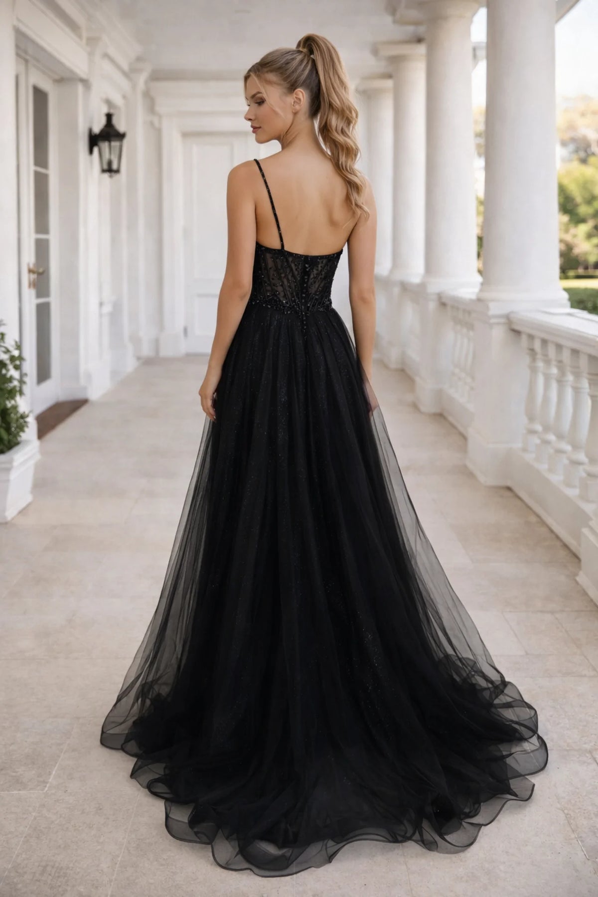Black One-Shoulder A-Line Tulle Formal Prom Dress - back view
