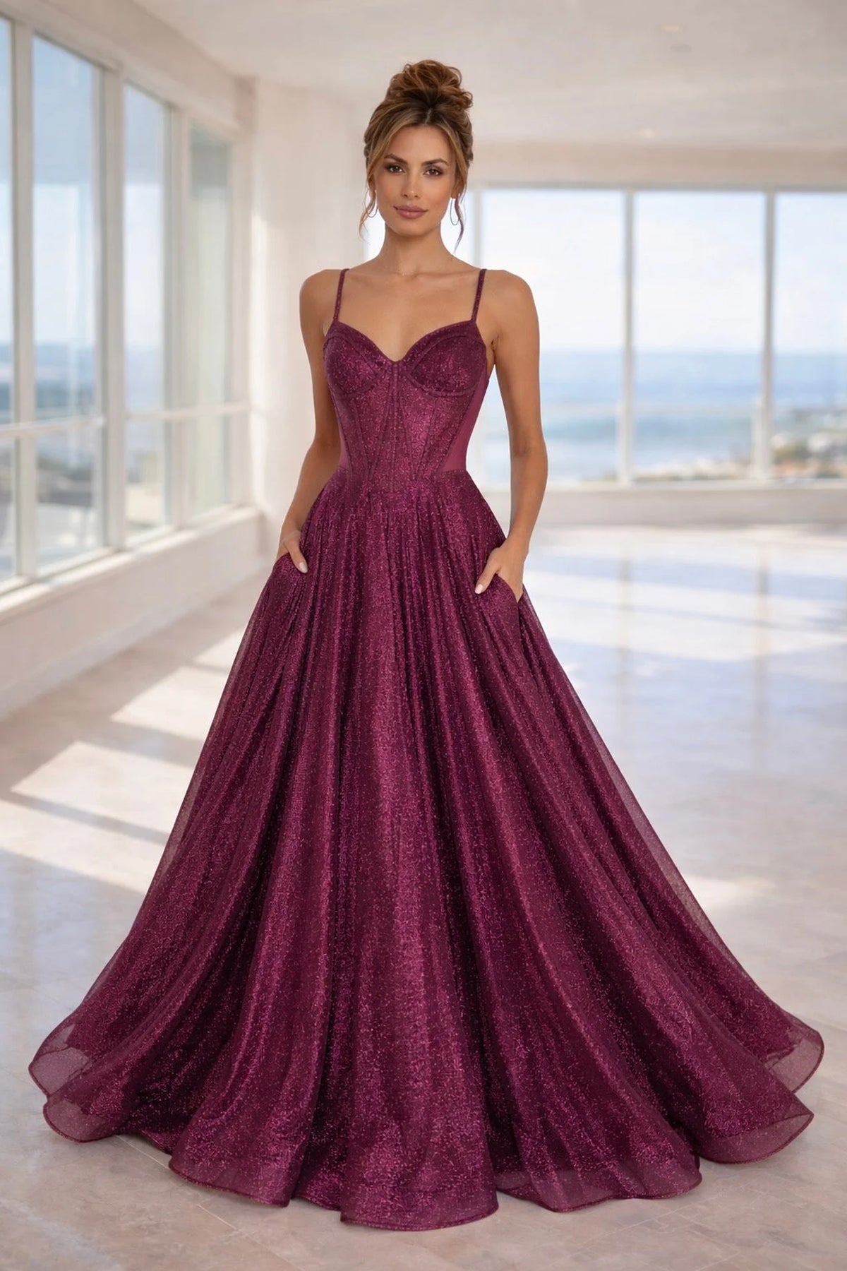 Glitter Corset Ball Gown with Pockets - front view