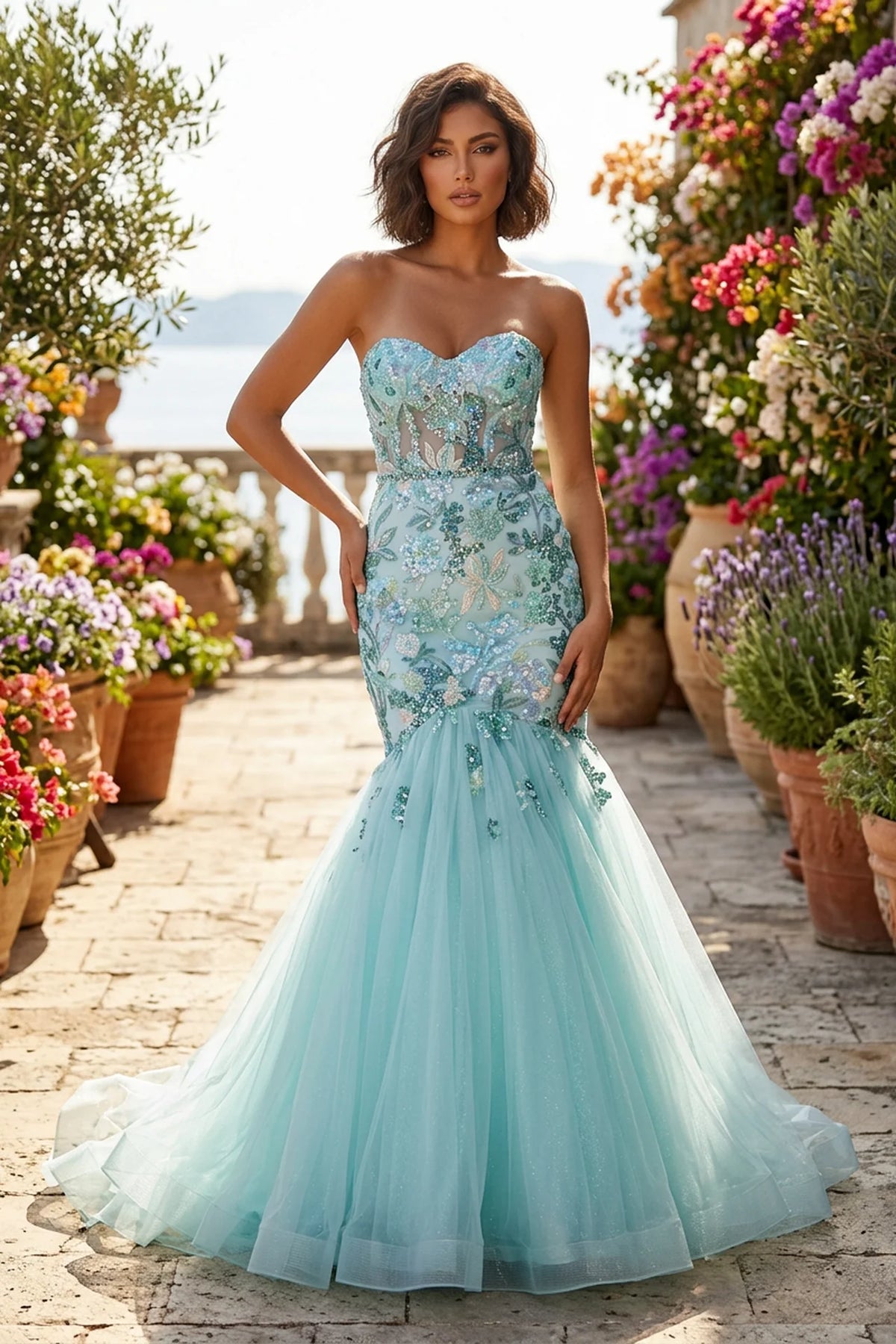 Seafoam Crystal Bloom Mermaid Gown with Sequin Corset Bodice - front view