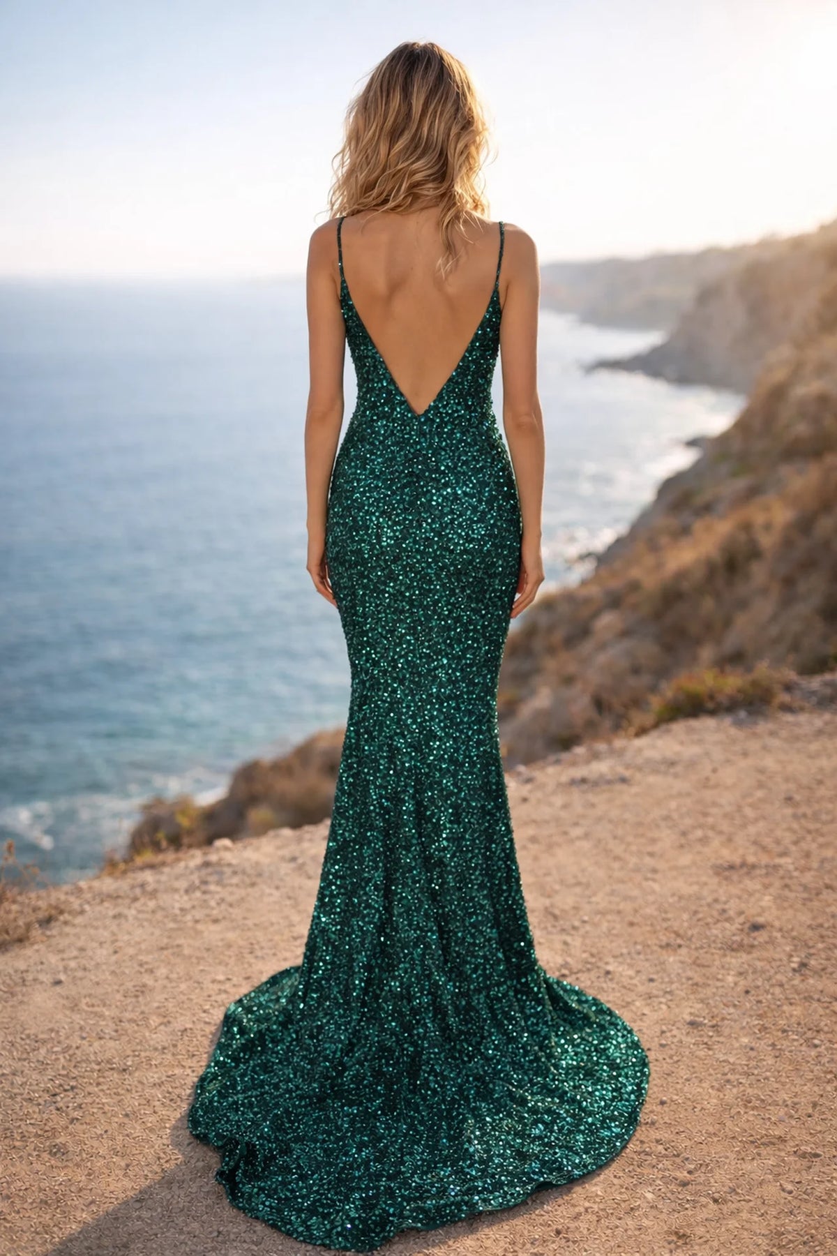 Sequin Mermaid Gown with Plunging V-Neck & Open Back - back view