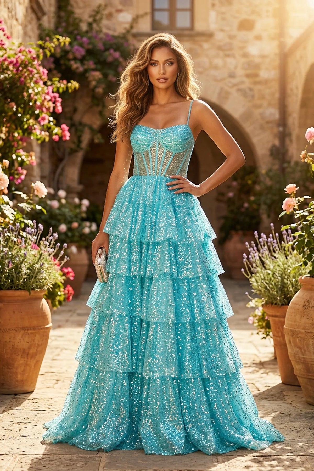 Blue Sequin Corset Prom Dress with Detachable Ruffle Skirt - front view
