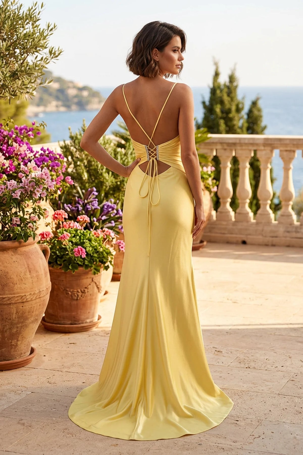 Yellow Satin Formal Dress with Slit & Lace-Up Back - back view