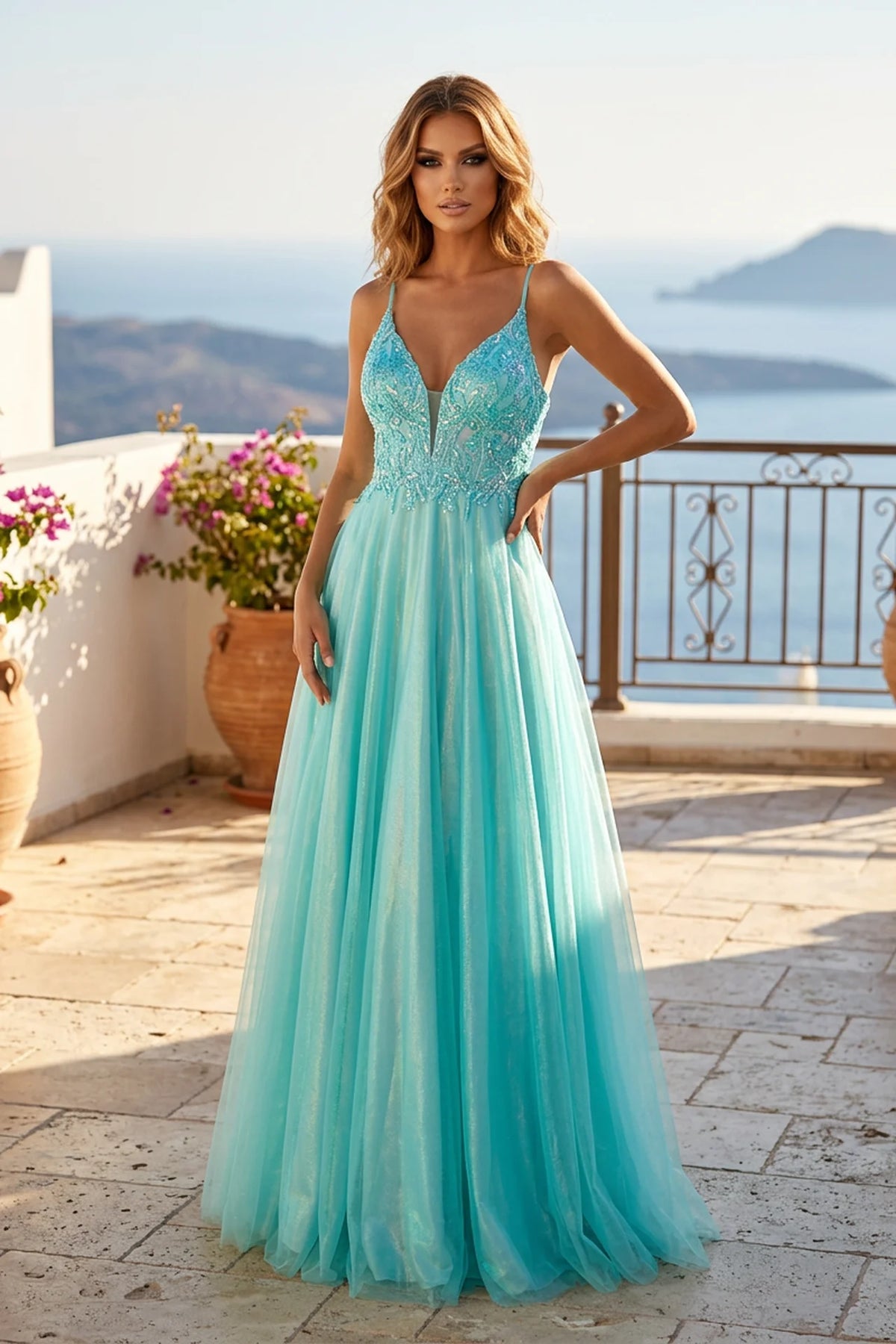 Seafoam Iridescent Prom Dress with Pockets & Beaded Bodice - front view