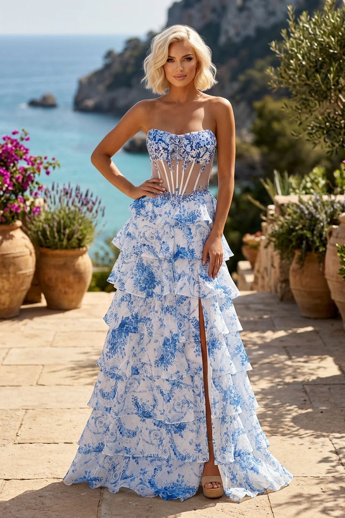 A-Line Floral Print Corset Tiered Ruffle Chiffon Prom Dress with Slit - front view