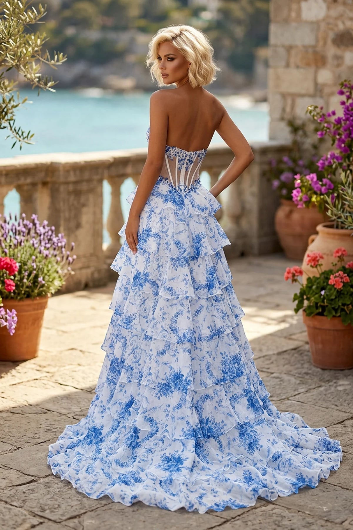 A-Line Floral Print Corset Tiered Ruffle Chiffon Prom Dress with Slit - back view