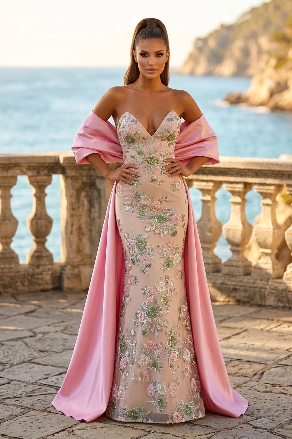 Champagne Pink Floral Sequin Prom Dress with Detachable Bow Train - back view