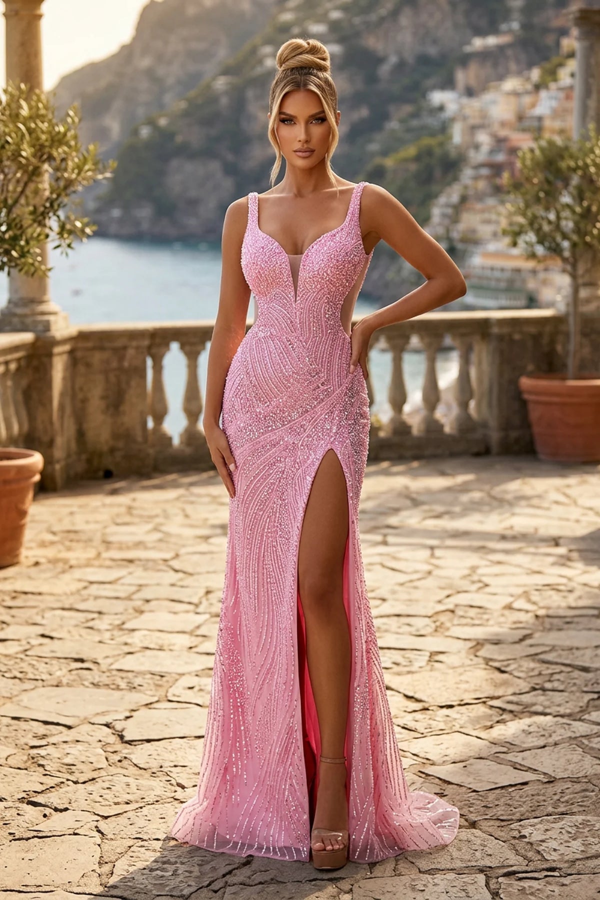 Pink Beaded Prom Dress with High Slit - front view