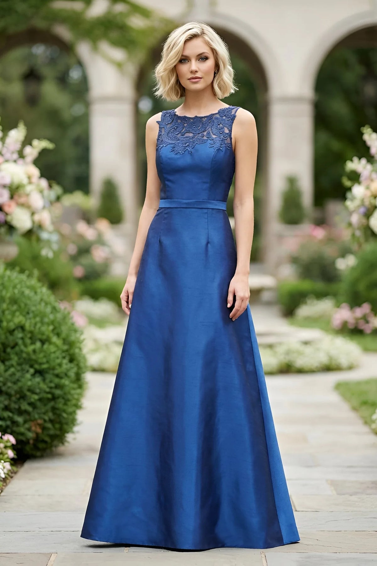 Royal Blue Lace Bodice A-Line Evening Gown with Pockets - front view