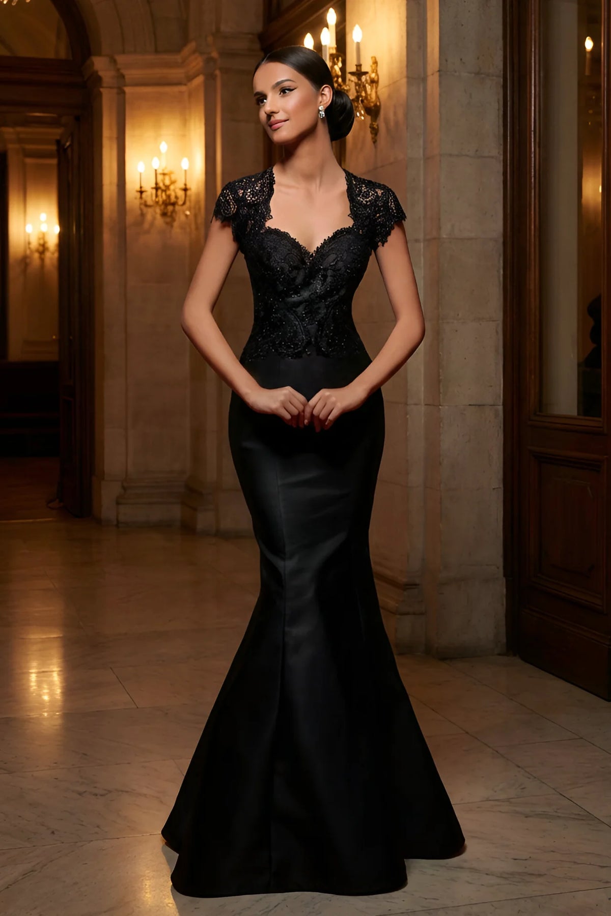 Mikado and Lace Trumpet Evening Dress - back view
