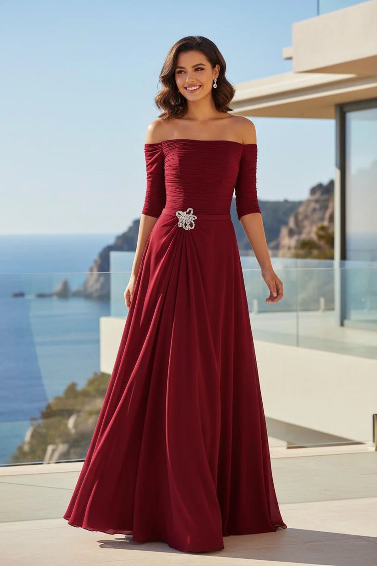 Off-Shoulder Crystal A-Line Formal Dress with Sleeves - back view