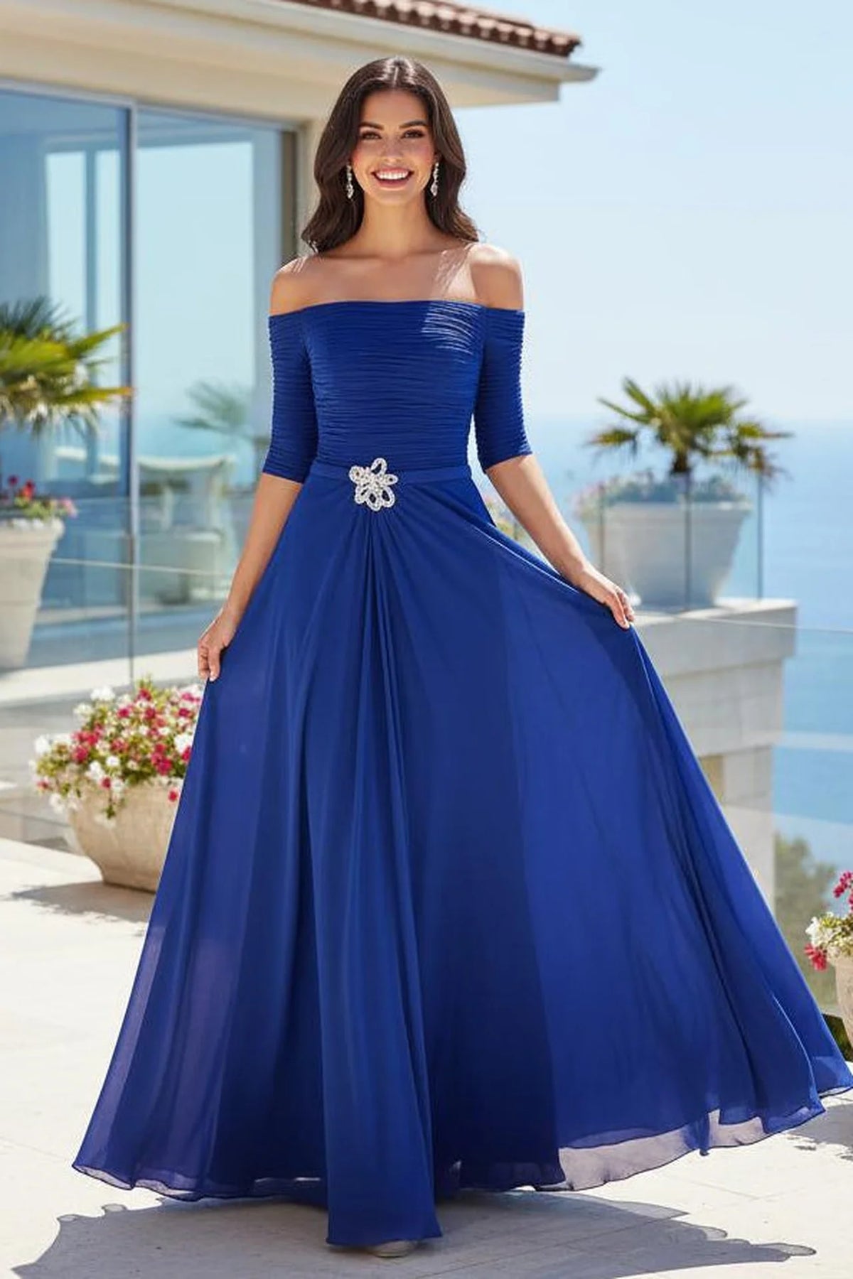 Off-Shoulder Crystal A-Line Formal Dress with Sleeves - front view