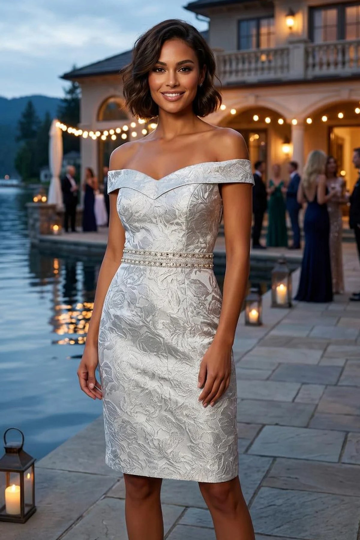Off-the-Shoulder Lace Cocktail Dress with Beaded Waist | Elegant Fitted Dress - front view