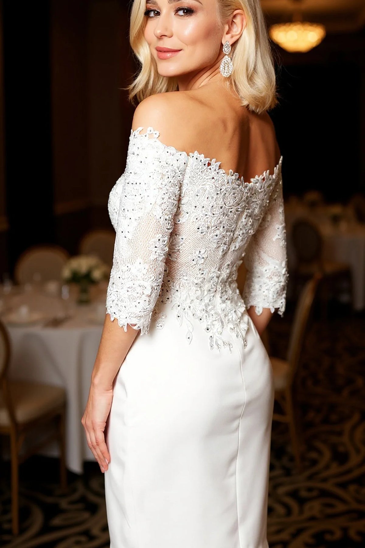 Off-the-Shoulder Lace Embellished Cocktail Dress with Fitted Silhouette - back view