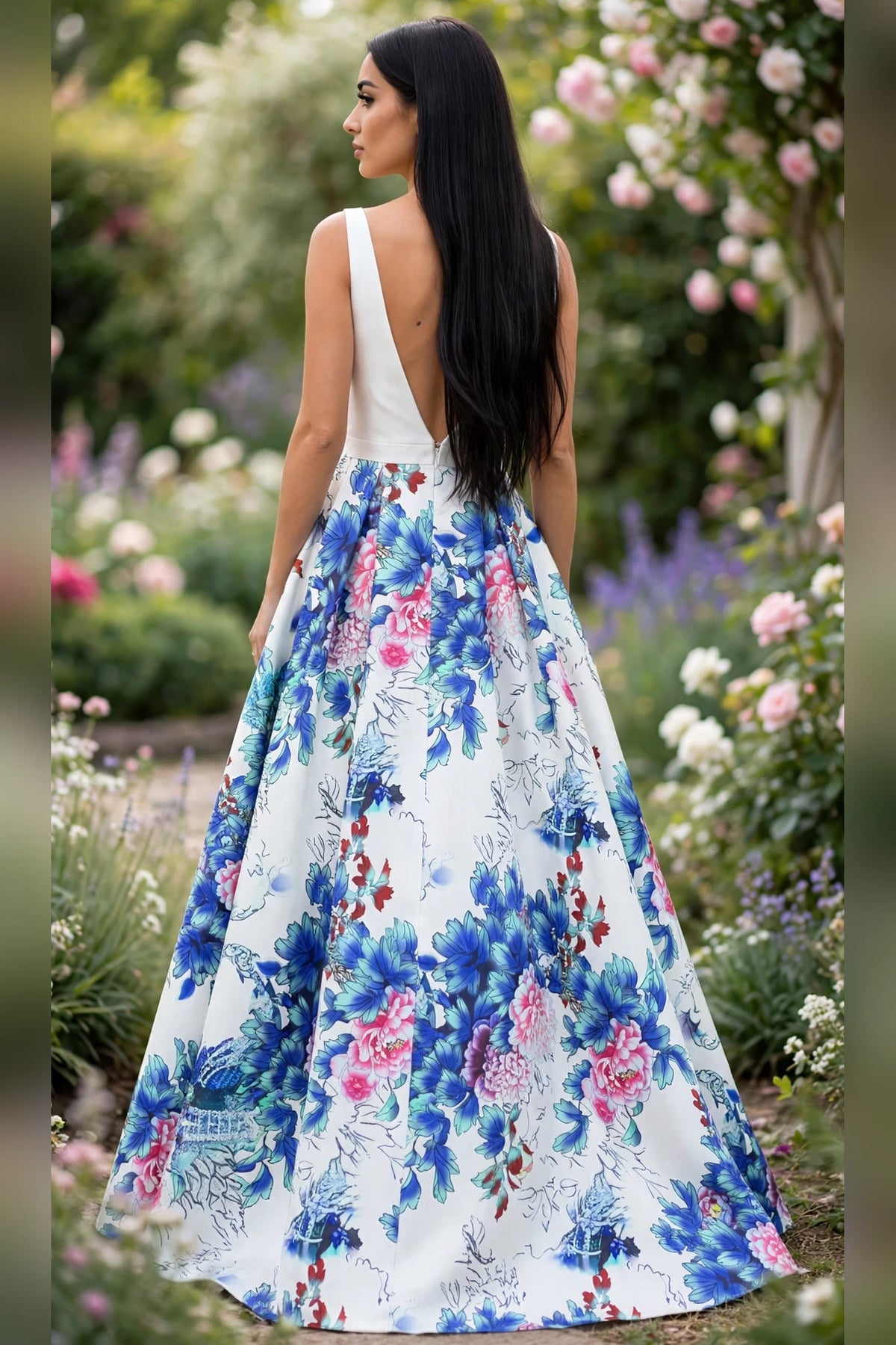 White floral print A-line ballgown with open V-back, back view | PromGirlOutlet