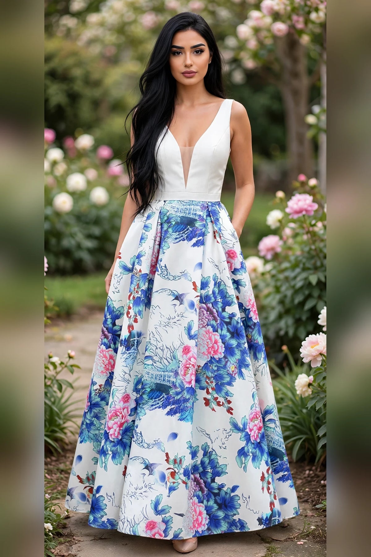 White floral print A-line ballgown with plunge V-neck, front view | PromGirlOutlet